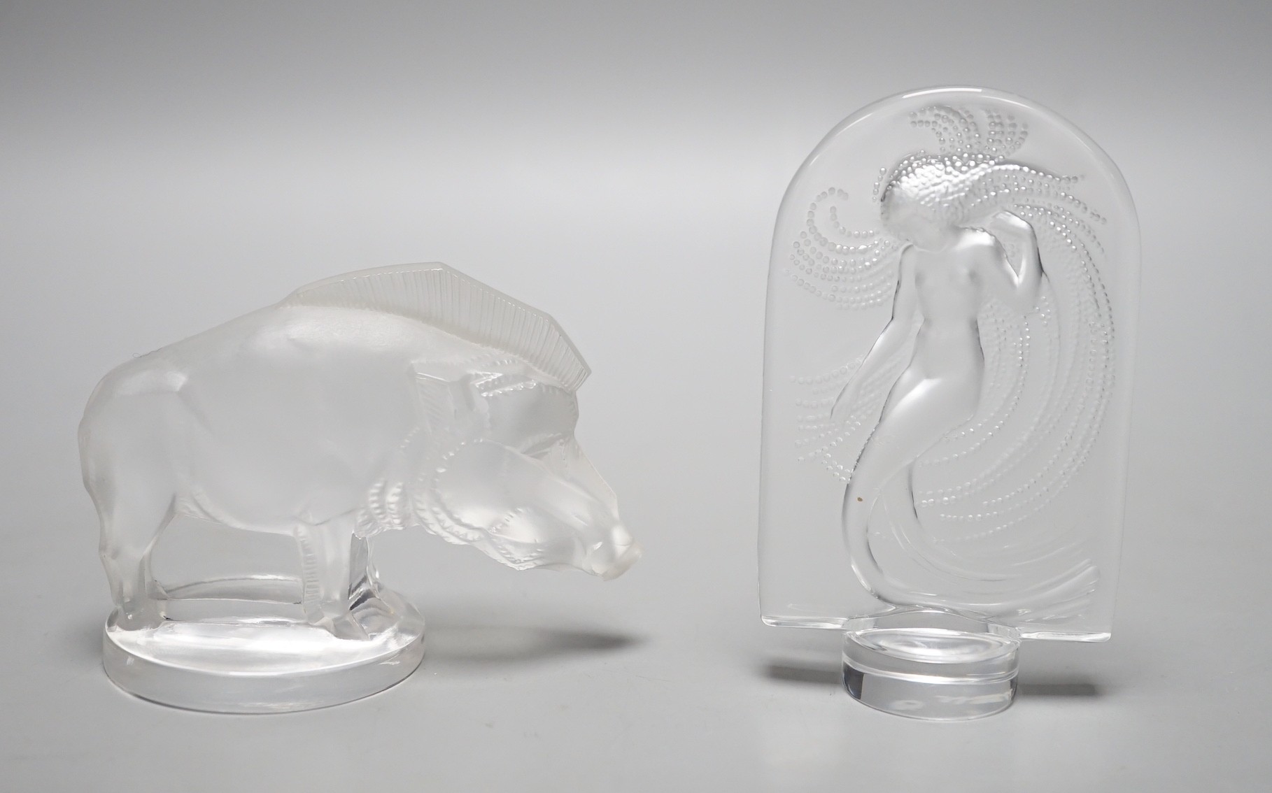 Two Lalique crystal paperweights; Sirene and Sanglier, tallest 10cm
